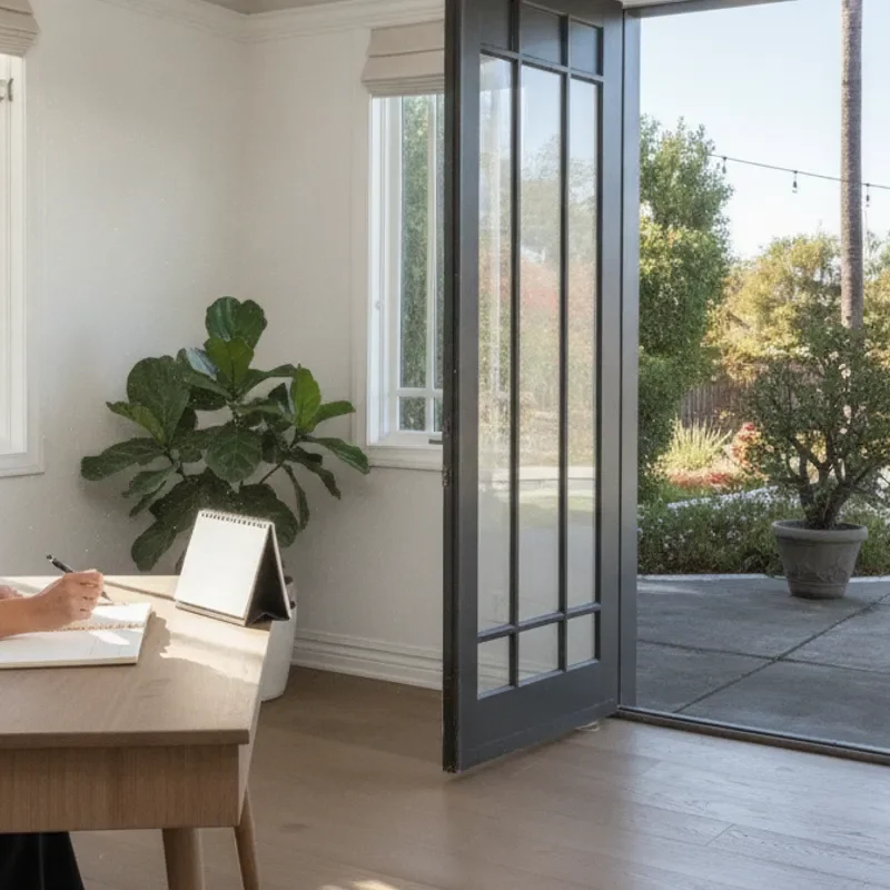 A professional reviewing a work calendar in a calm, private home office