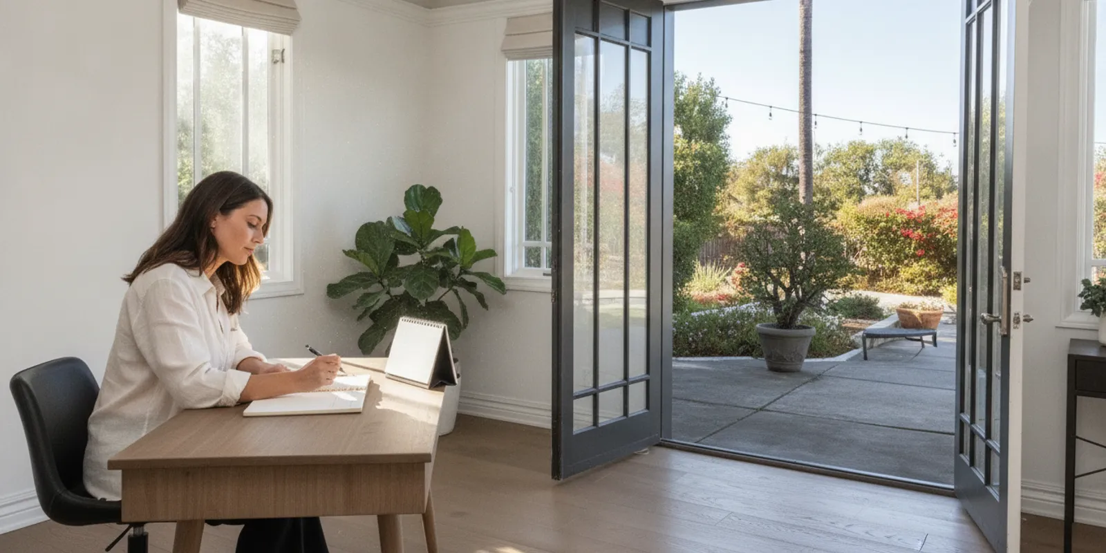 A professional reviewing a work calendar in a calm, private home office