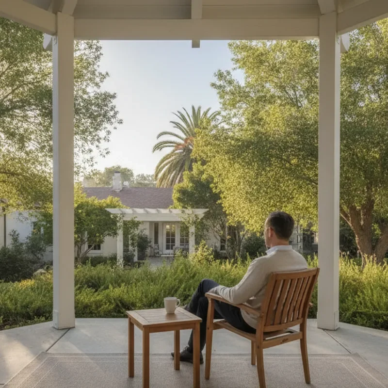 A professional taking a quiet moment on a treeshaded residential retreat patio