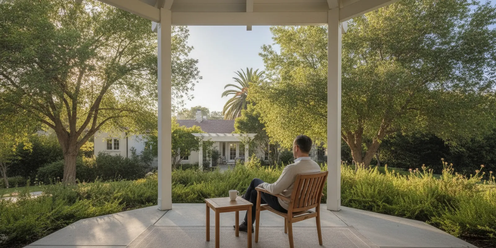 A professional taking a quiet moment on a treeshaded residential retreat patio