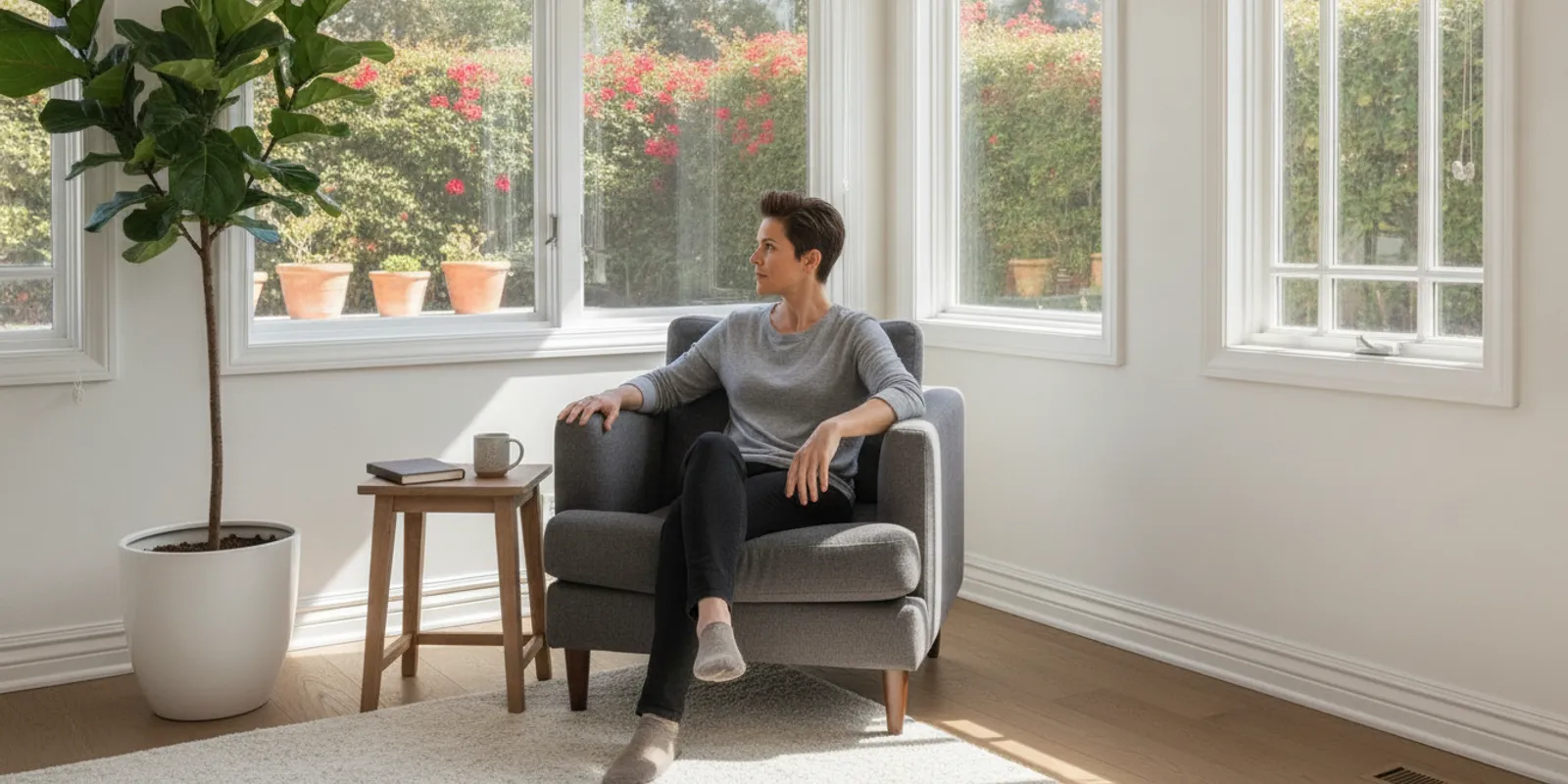 Quiet, sunlit residential recovery setting with a person sitting thoughtfully near a garden window