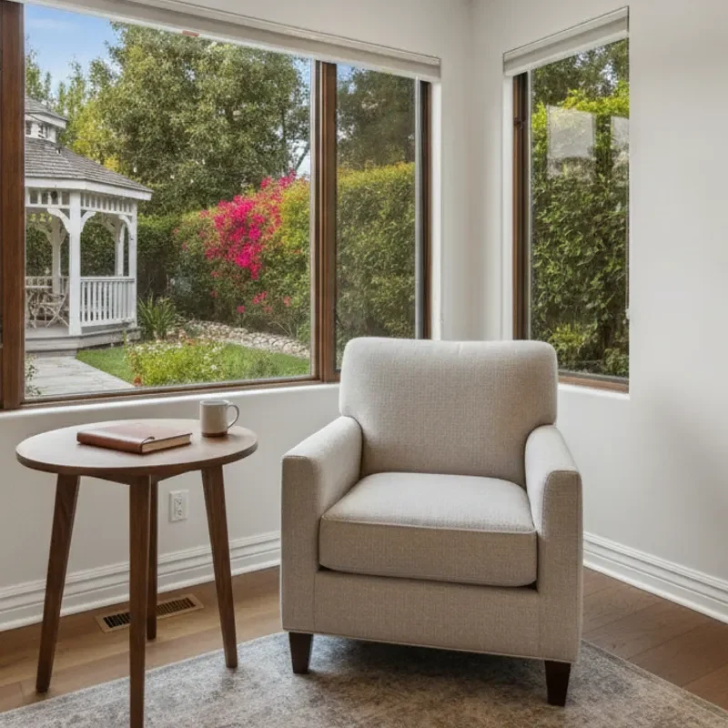 Quiet private residential room with a desk and garden view in a treatment setting