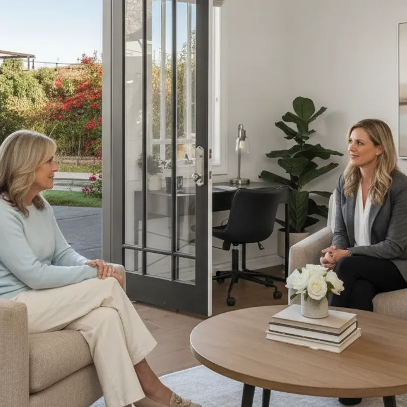 Quiet residential setting with a person speaking privately with a care professional