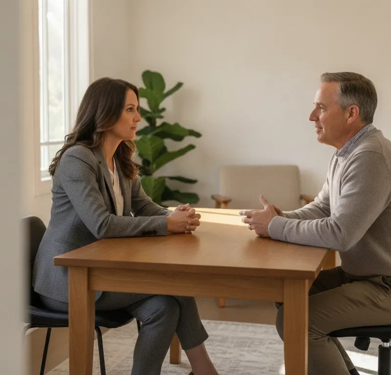 Working professional having a private planning conversation with a treatment counselor