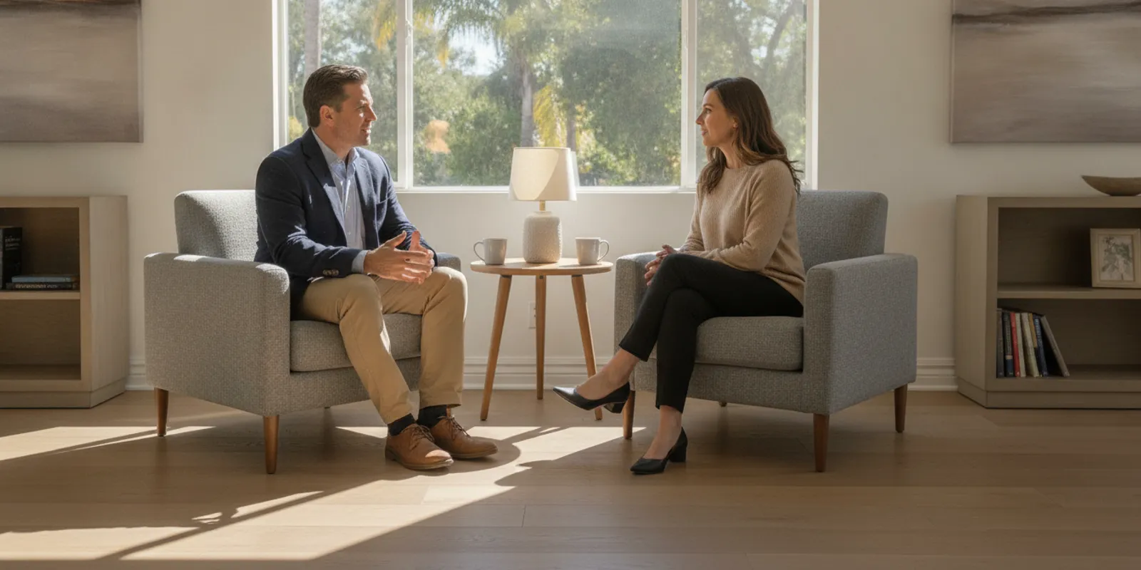A professional speaking privately with a clinician in a calm residential treatment setting