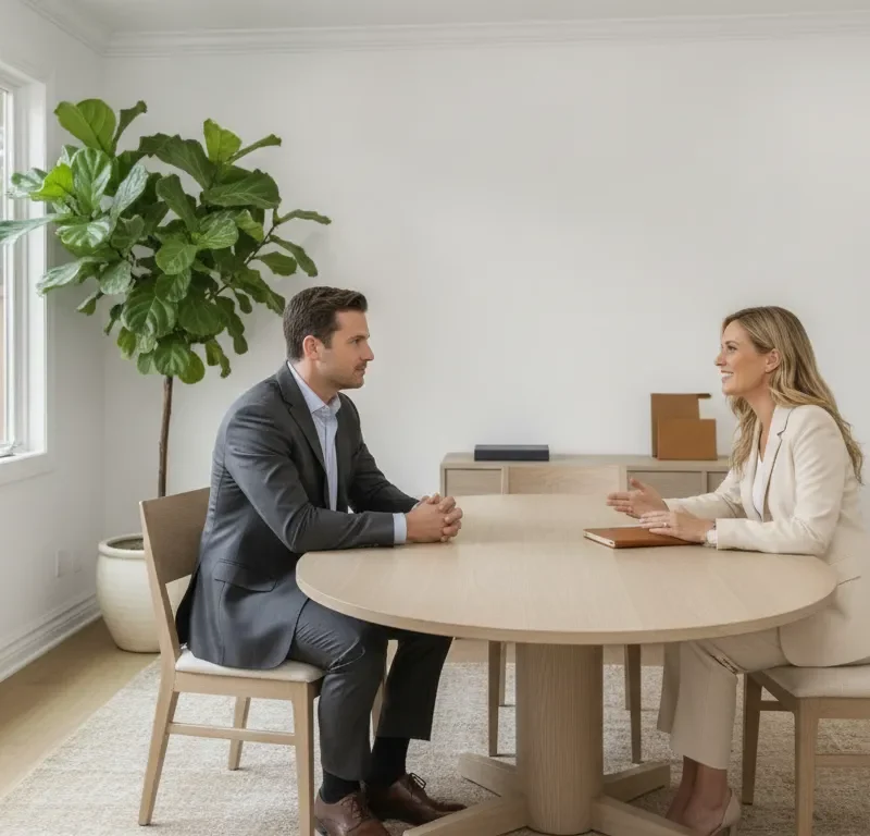 Working professional discussing medical leave privately with a benefits advisor