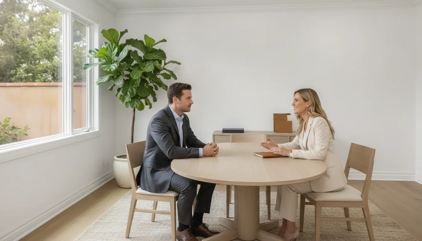 Working professional discussing medical leave privately with a benefits advisor